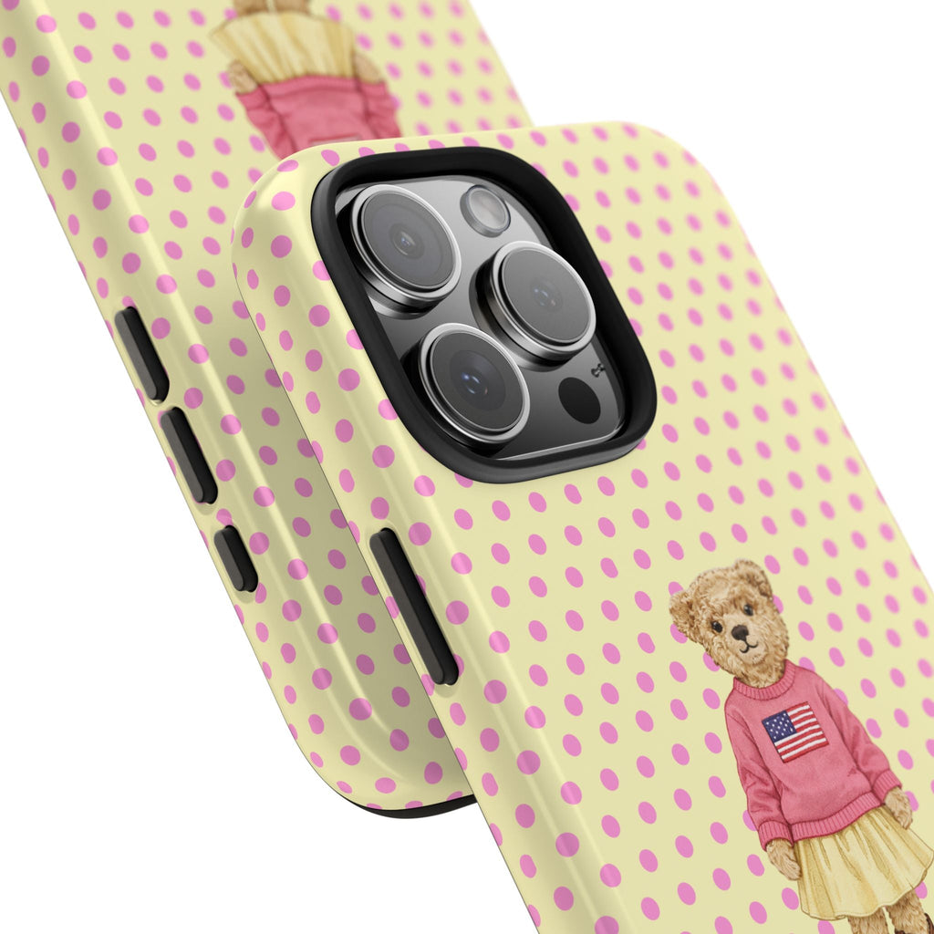 Angled butter yellow pink polka-dot phone case with teddy bear girl and side buttons
