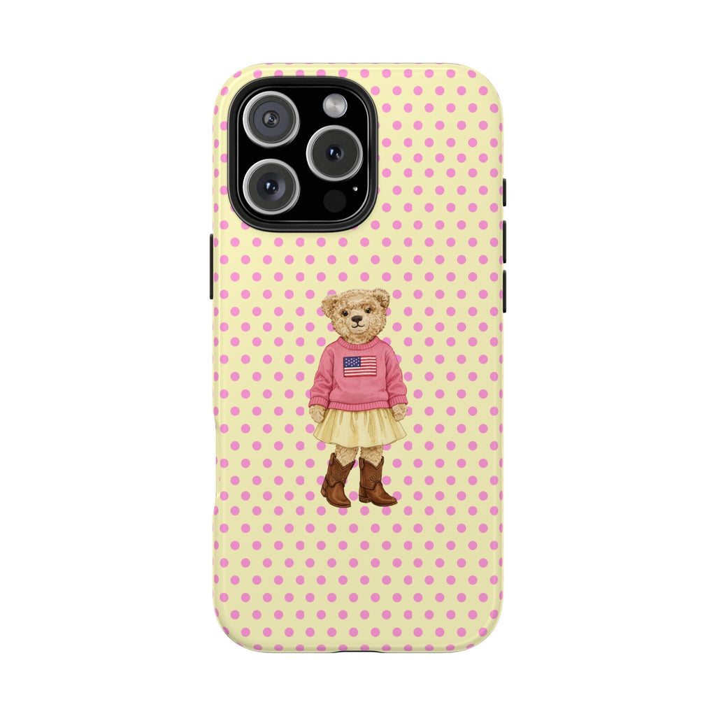 Butter yellow pink polka-dot phone case with teddy bear girl and camera cutout