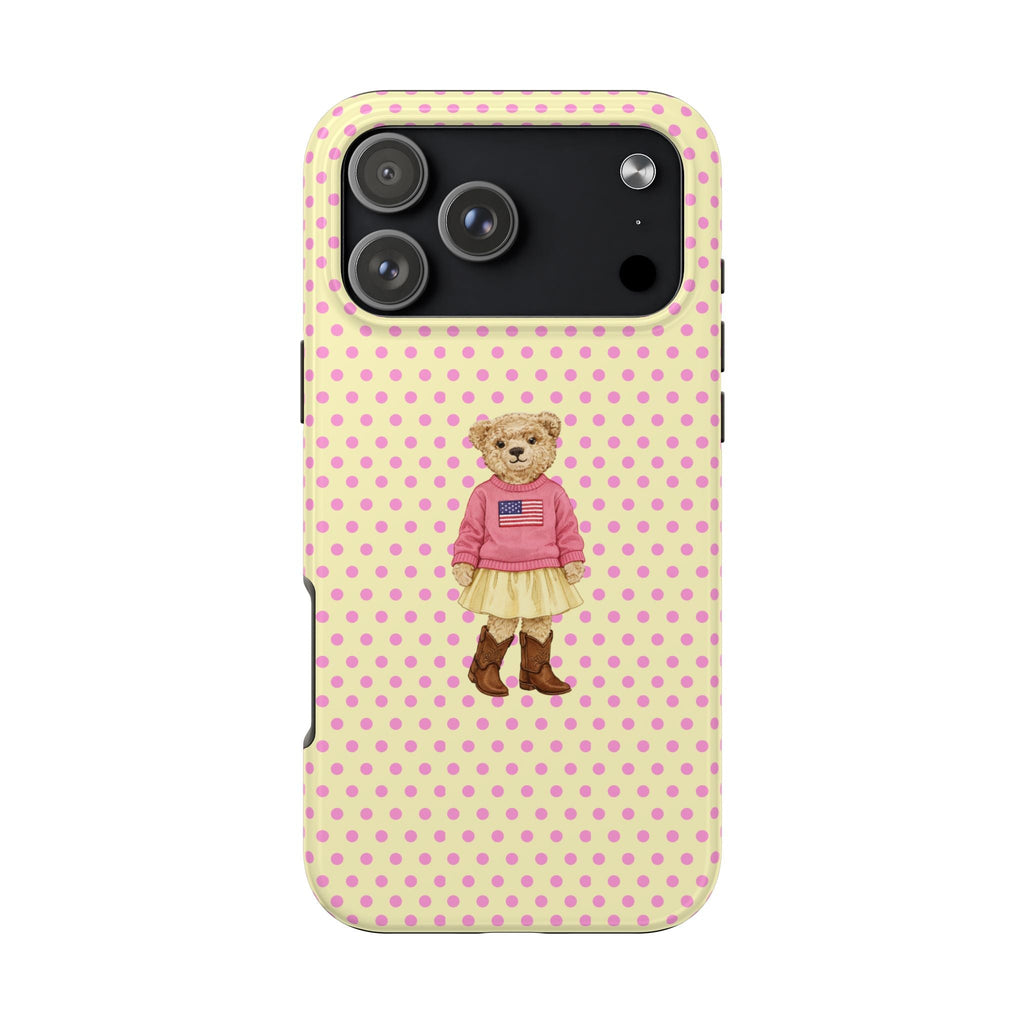 Butter yellow pink polka-dot phone case with teddy bear girl applique