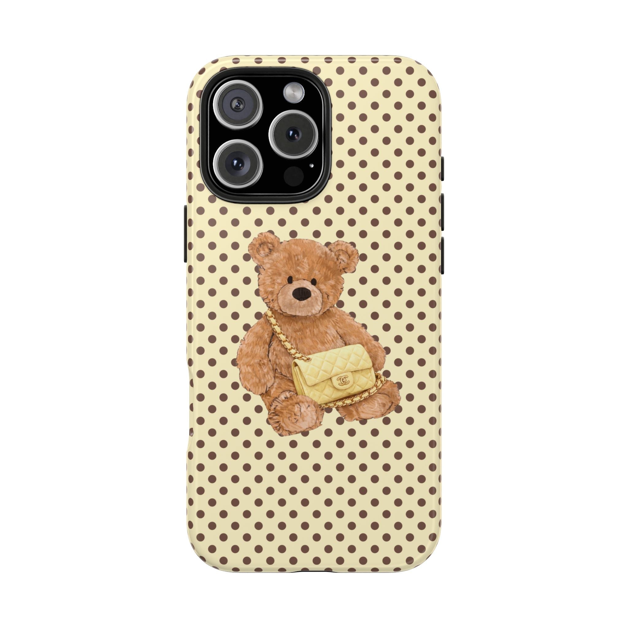 Butter yellow polka-dot phone case with teddy bear and yellow purse applique