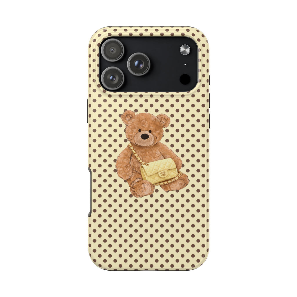 Butter yellow polka-dot phone case with teddy bear holding a yellow purse