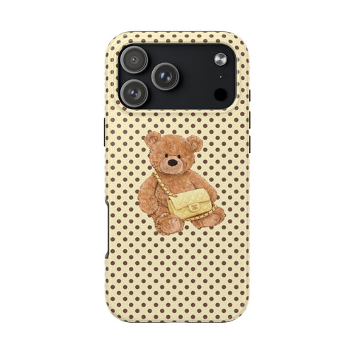 Butter yellow polka-dot phone case with teddy bear holding a yellow purse