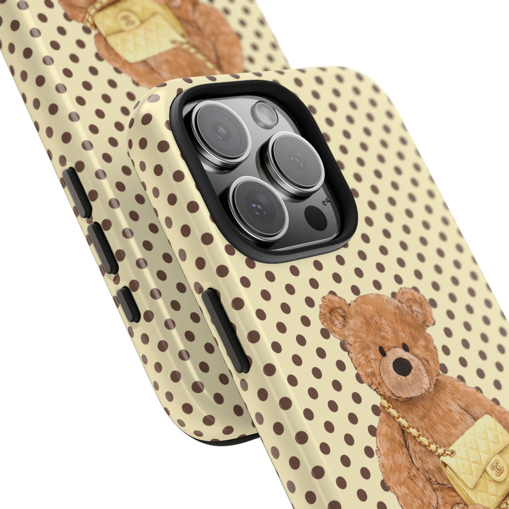 Butter yellow polka-dot case with teddy detail and raised camera cutout