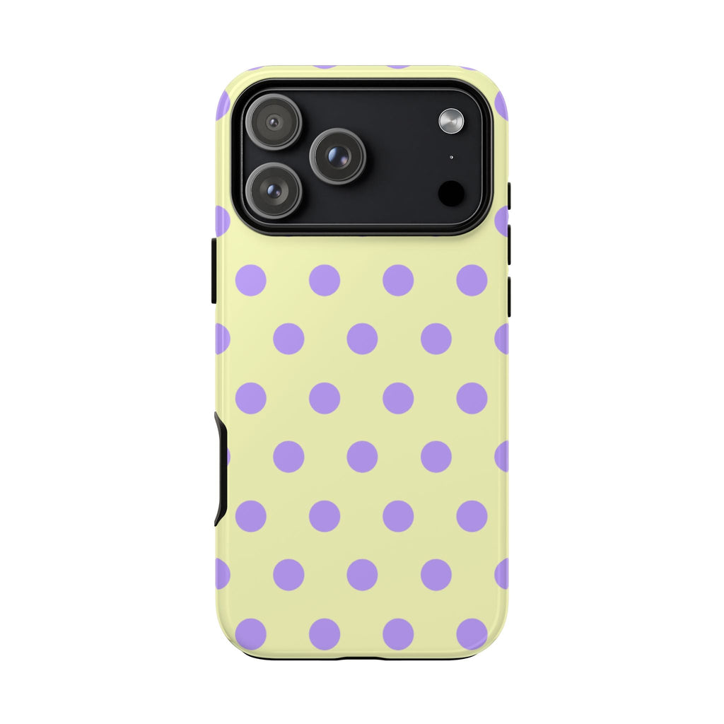 Back view of butter yellow phone case with purple polka dots and camera openings