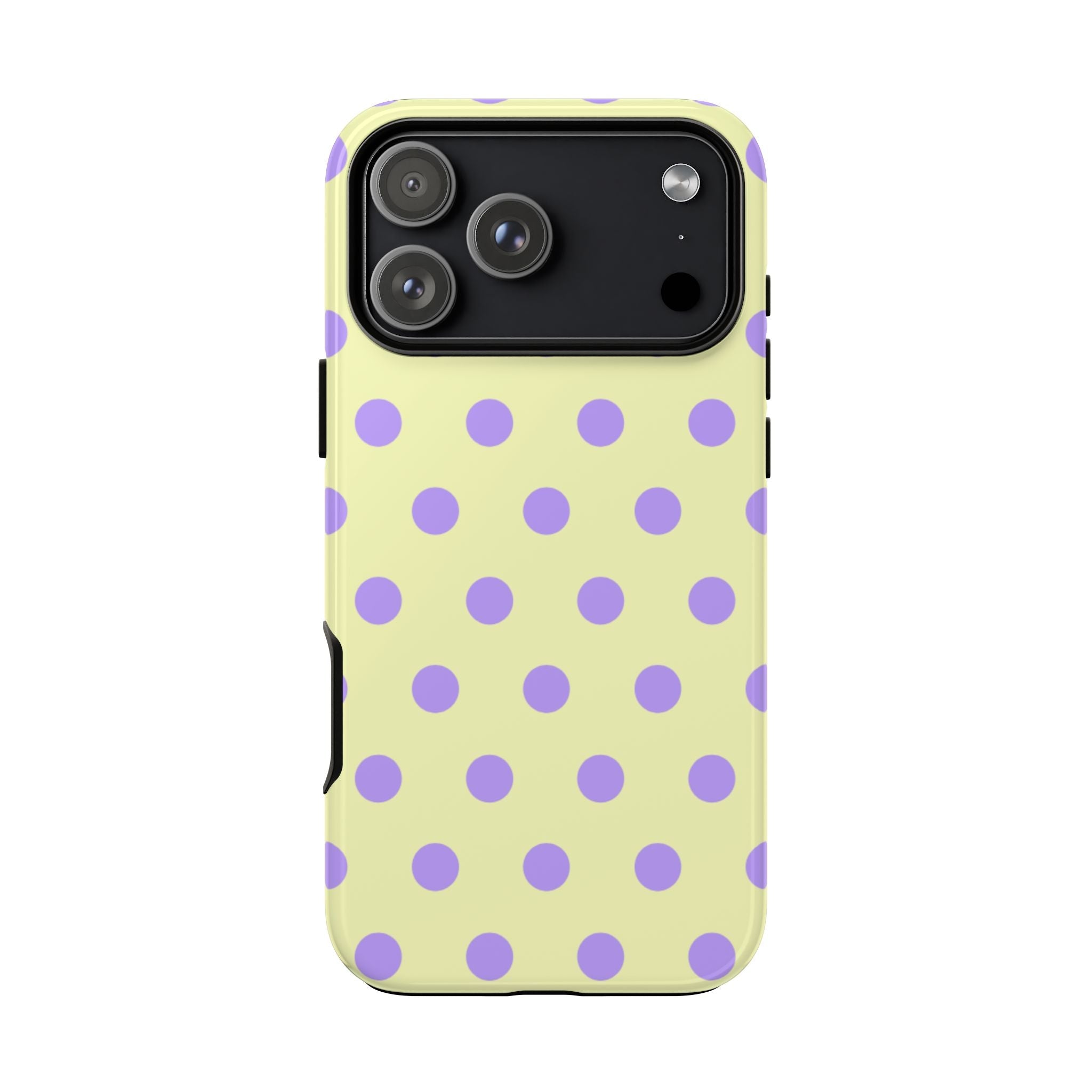 Back view of butter yellow phone case with purple polka dots and camera openings