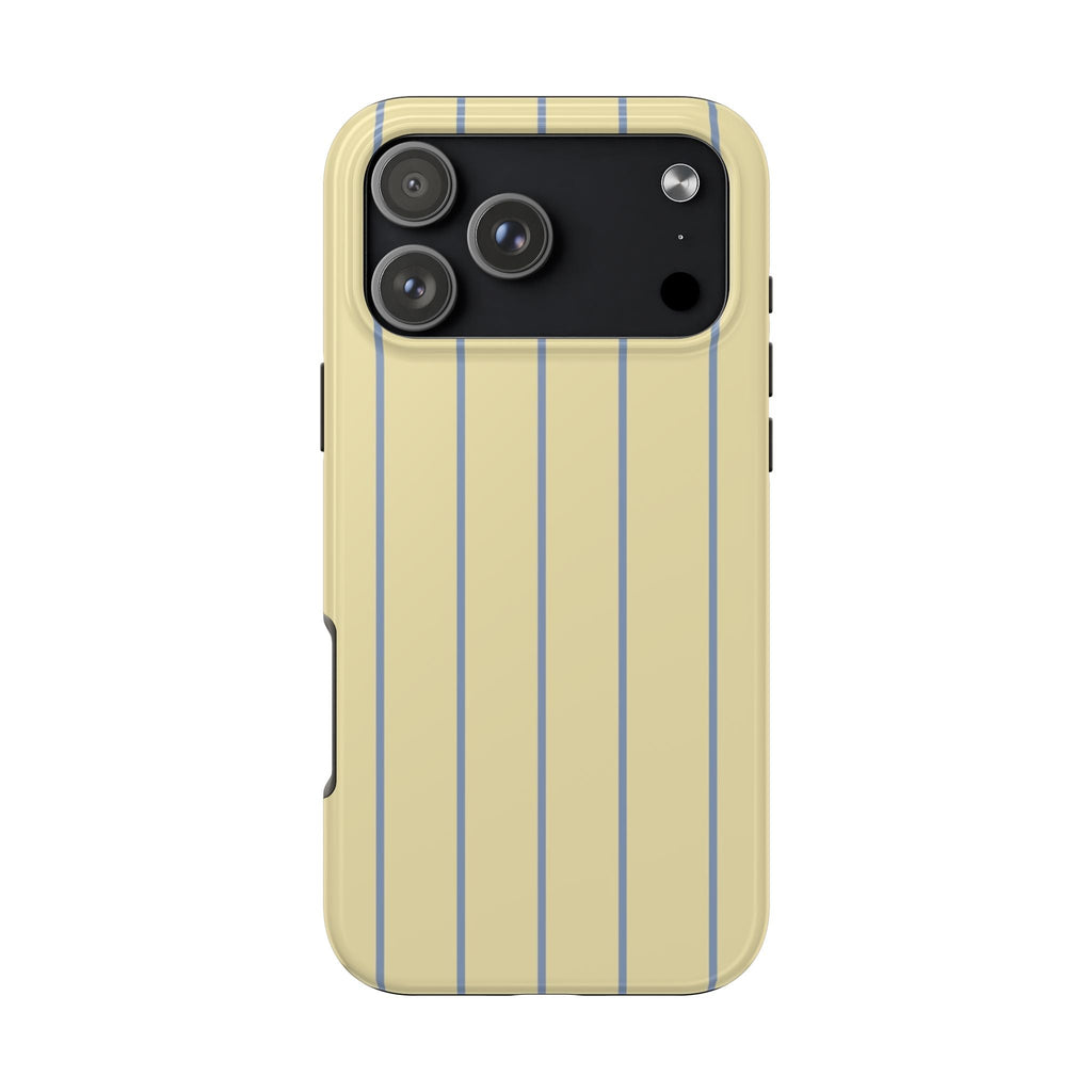 Pale yellow phone case with light blue vertical minimal stripes, camera cutout