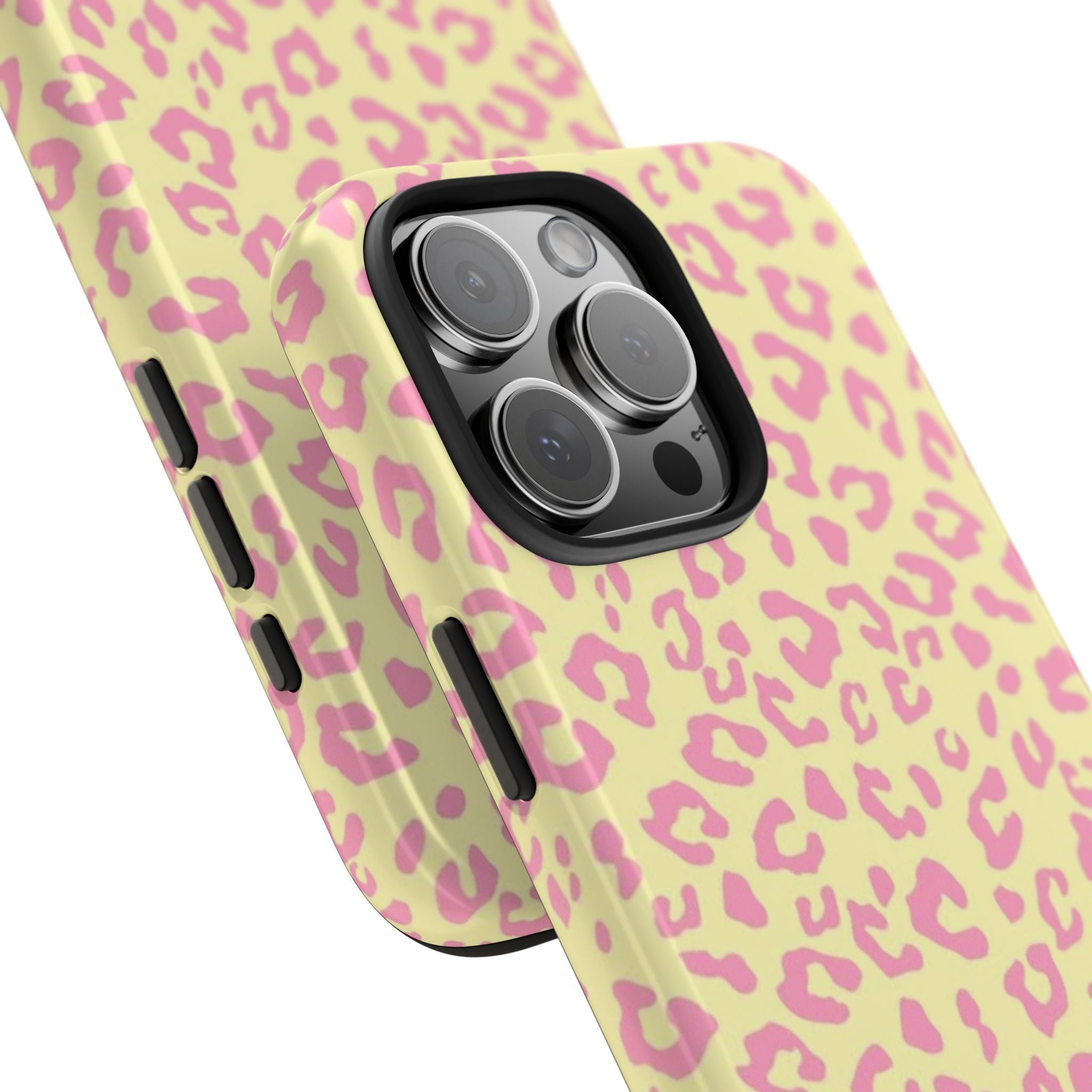 Leopard print phone case showing side buttons and camera-protecting raised edges