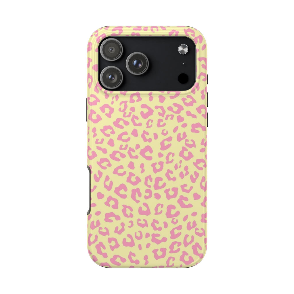 Buttercup & pink leopard print phone case with cutouts for camera and flash