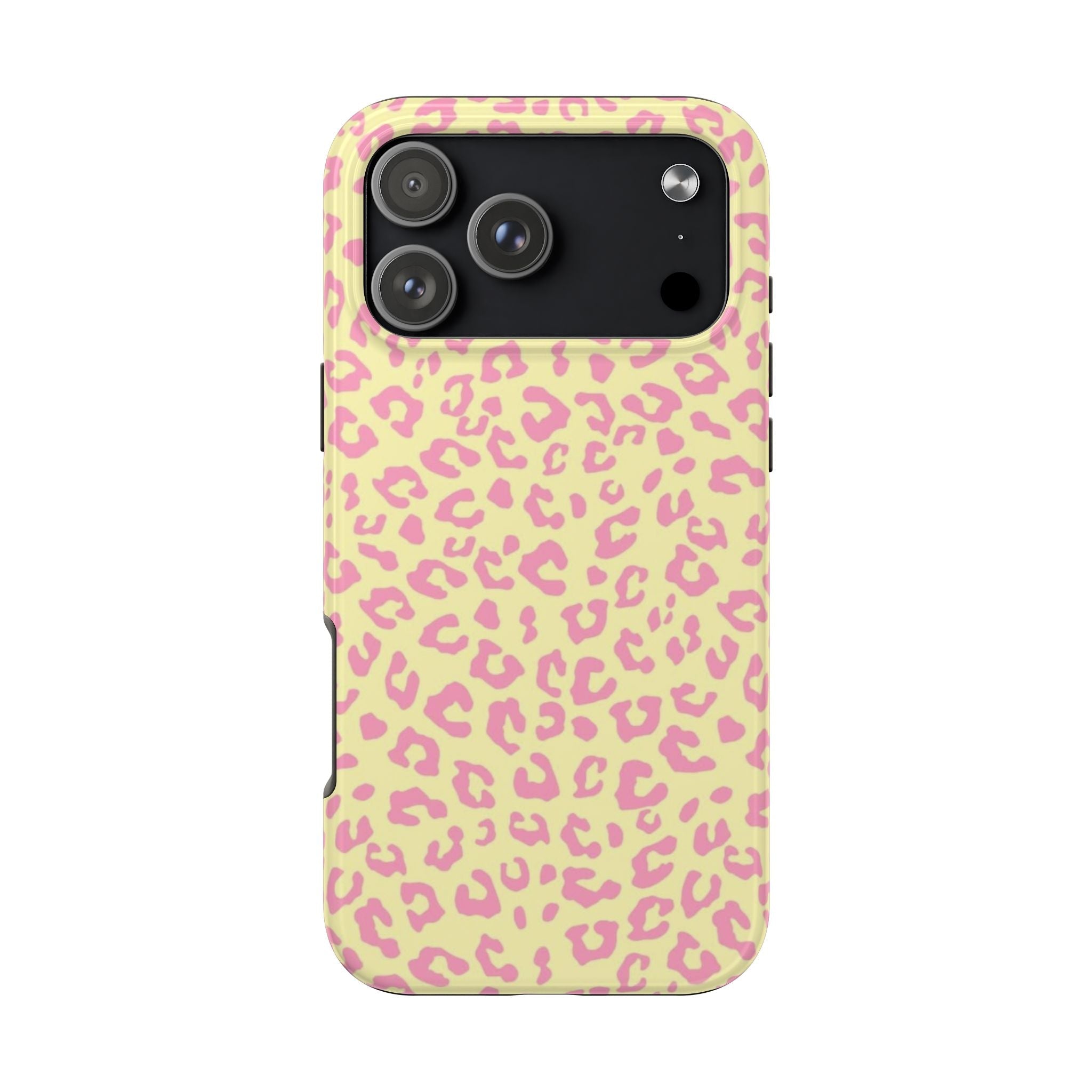 Buttercup & pink leopard print phone case with cutouts for camera and flash