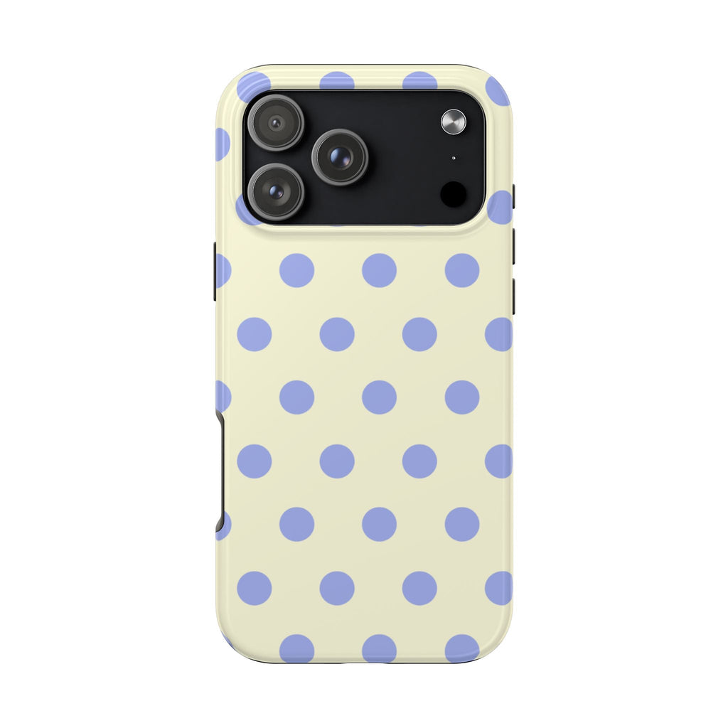 Cream phone case with light purple polka dots; camera cutout and flash