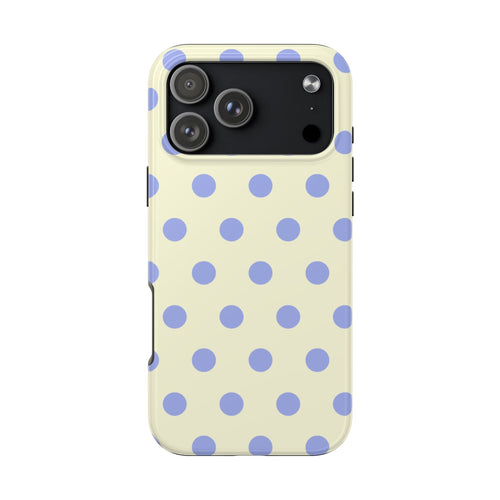 Cream phone case with light purple polka dots; camera cutout and flash