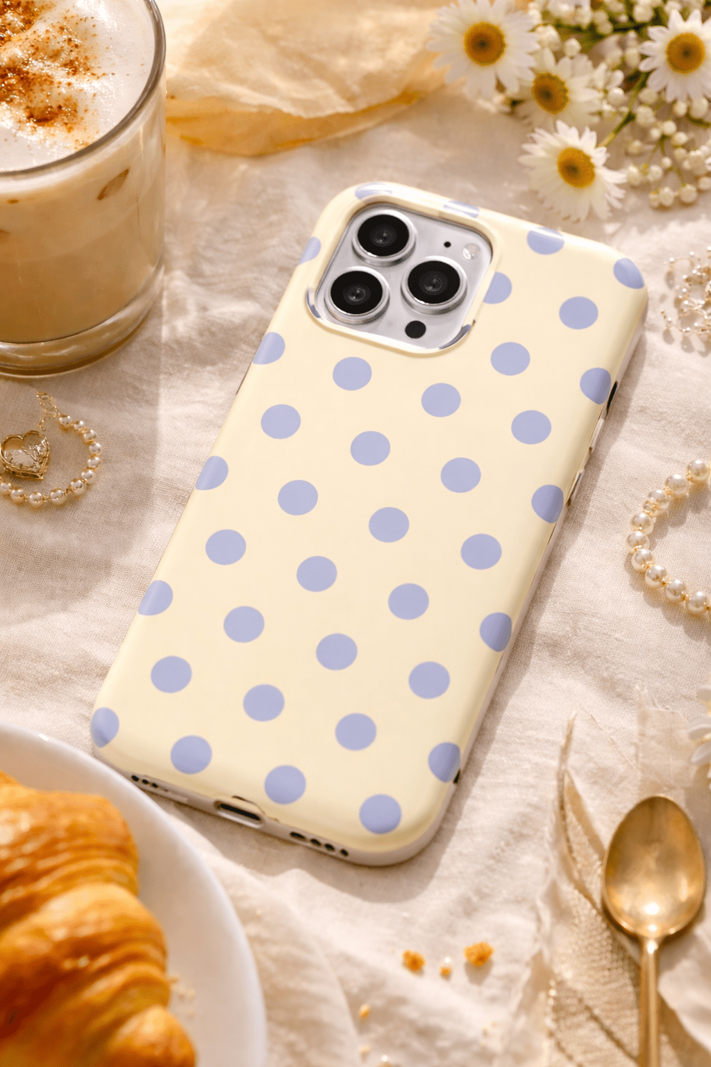 Cream phone case with light purple polka dots; back view of triple camera cutout