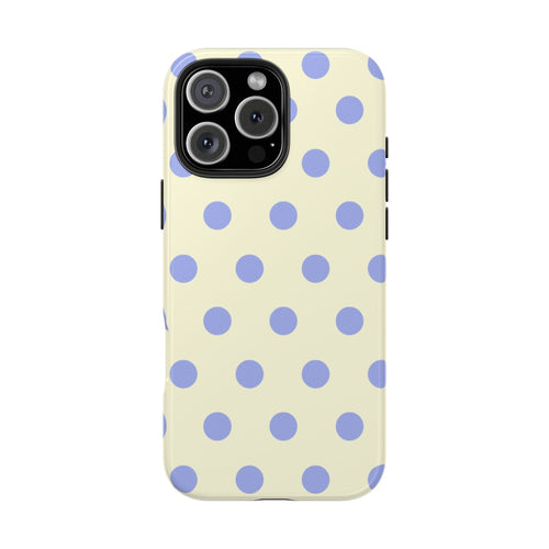 Cream polka dot phone case with light purple dots; camera lenses and side opening