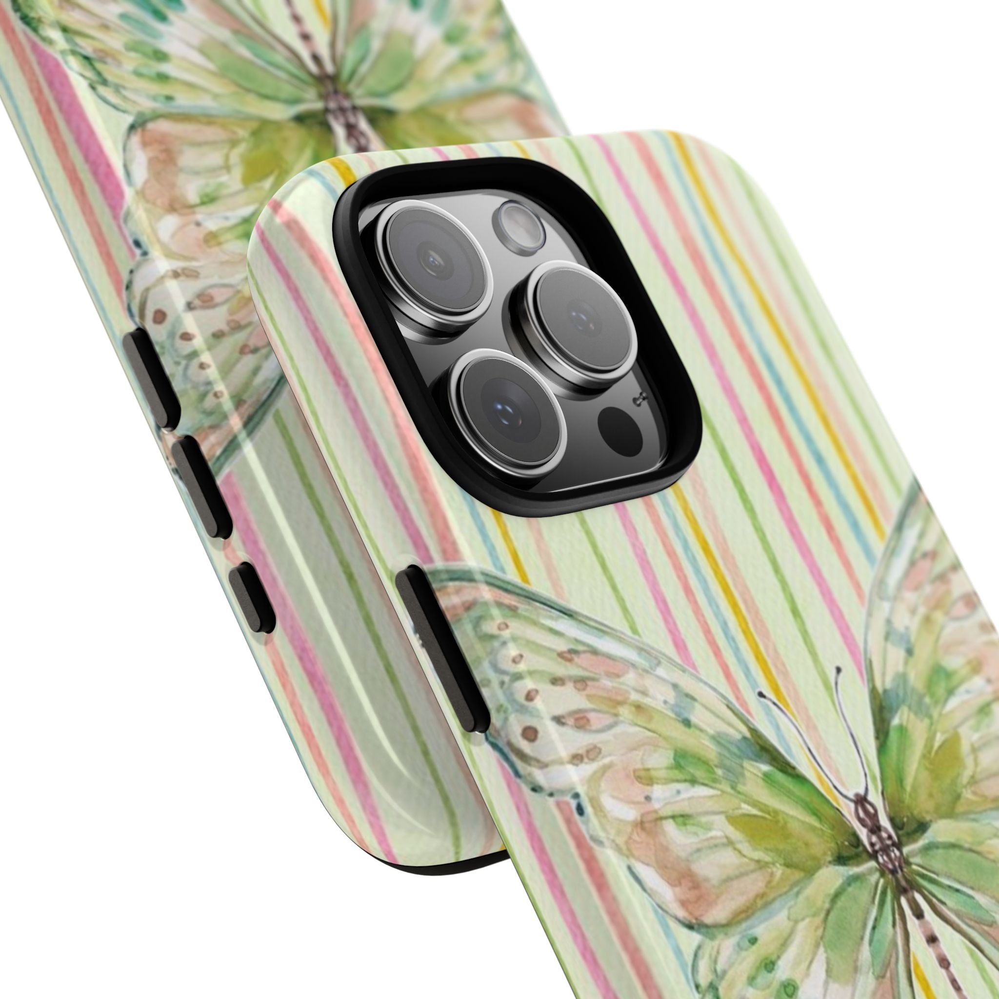 Pastel striped butterfly phone case, close-up view of camera cutout and wing print
