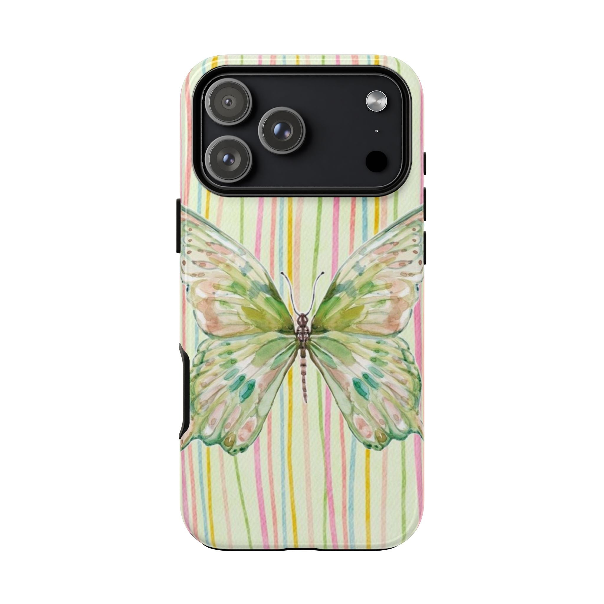 Butterfly stripes phone case with cutouts for camera and pastel vertical stripe pattern