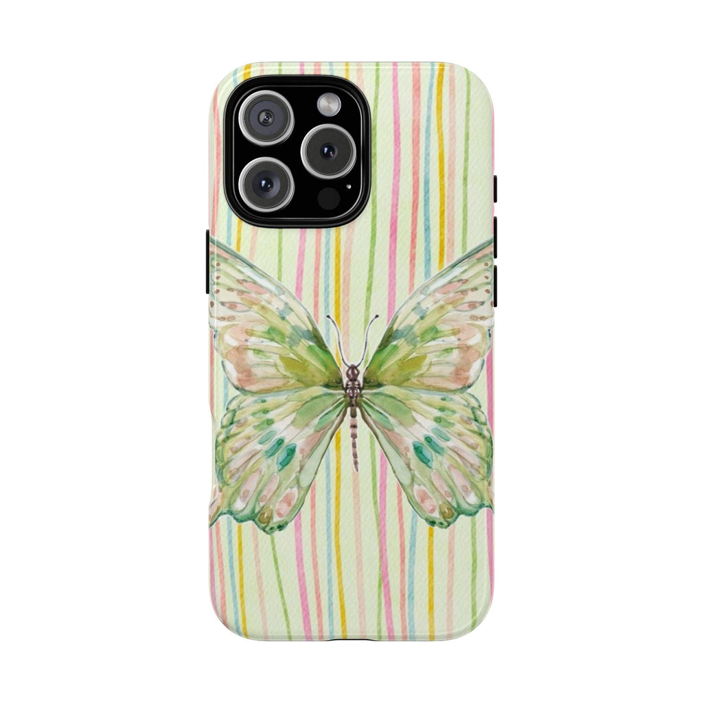 Butterfly phone case with pastel vertical stripes and detailed green wings