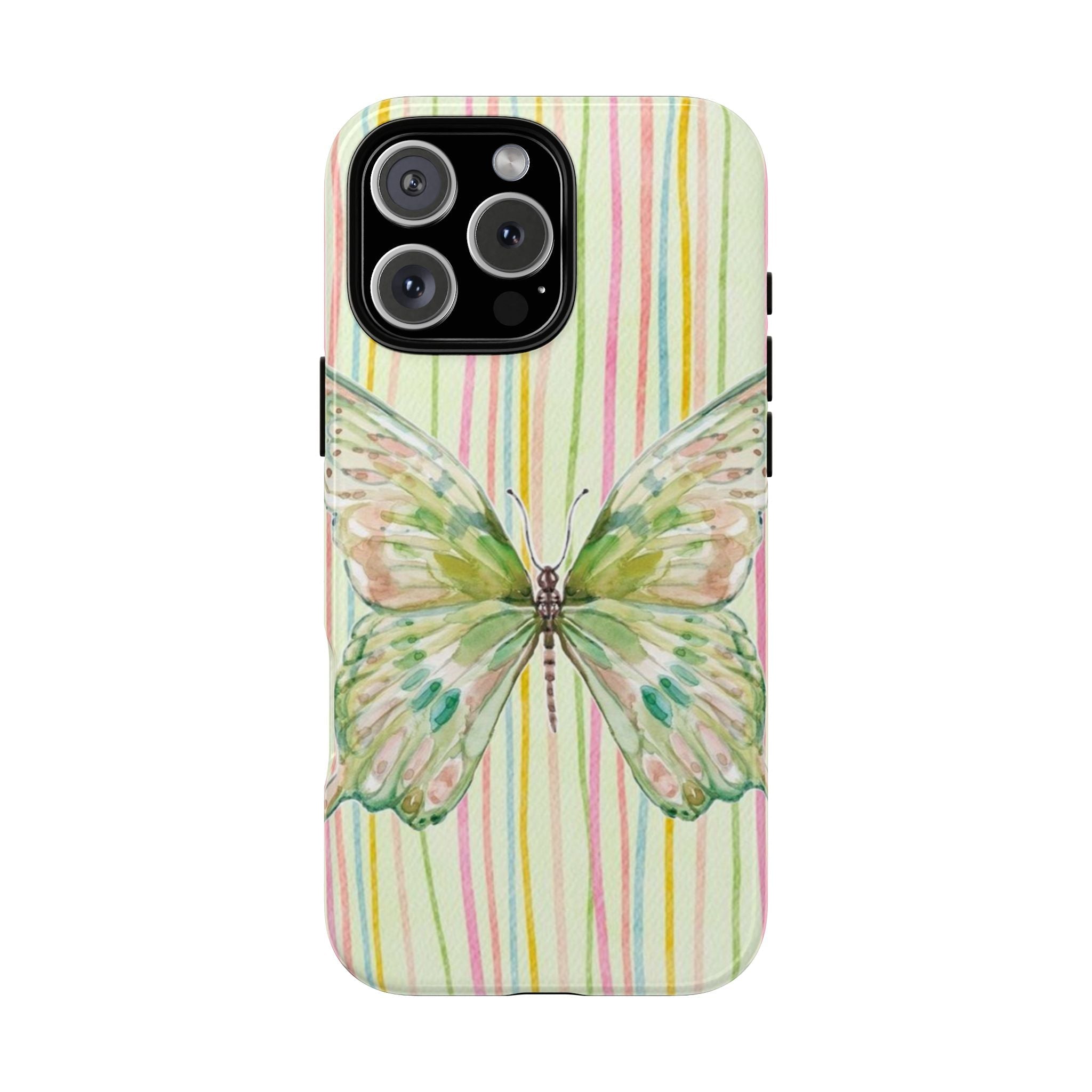 Butterfly phone case with pastel vertical stripes and detailed green wings