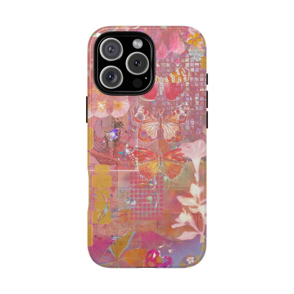 Butterfly fairytale phone case, pink floral collage with butterfly wings and iridescent sparkles