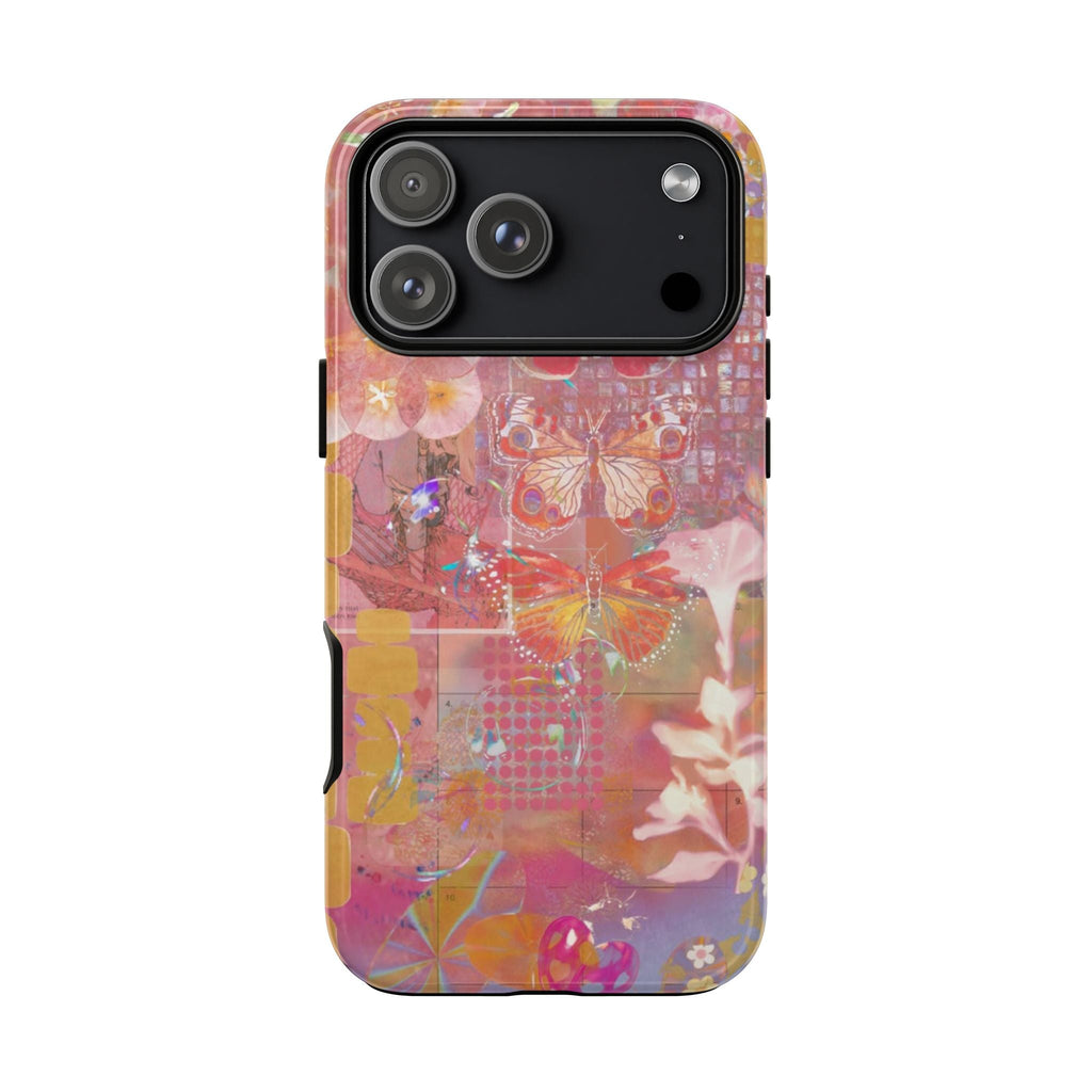 Butterfly fairytale phone case with pink floral and butterfly print, camera lens cutouts visible