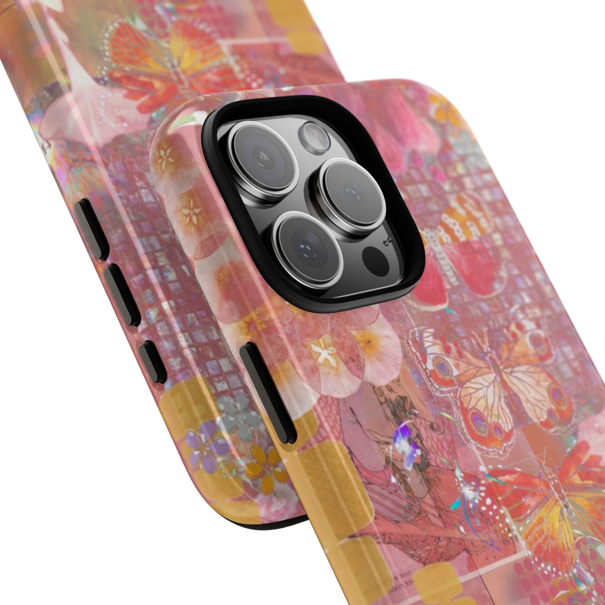 Butterfly fairytale phone case angled view: iridescent butterfly-and-flower print, side cutouts