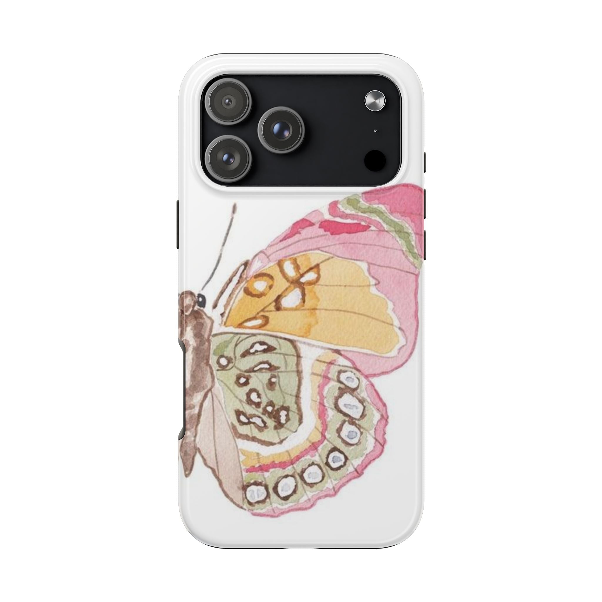 Butterfly wing art phone case with colorful pink and yellow illustration on a white back