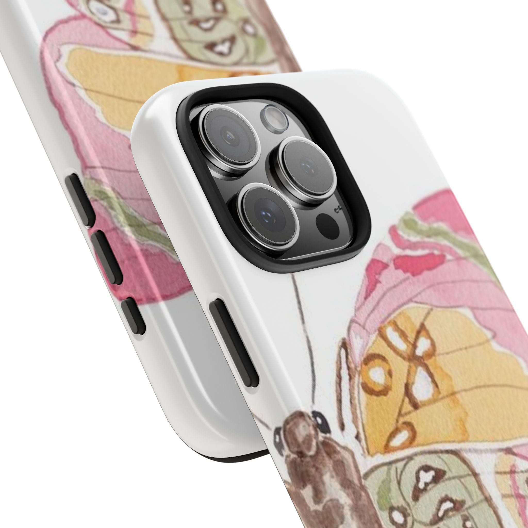 Side view of butterfly wing art phone case with colorful pink, yellow, and brown design