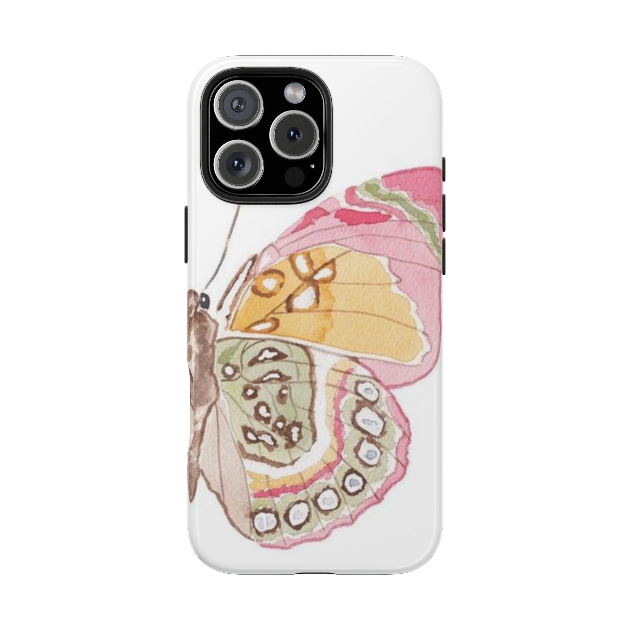 Butterfly wing phone case featuring a pink-and-yellow illustrated moth/butterfly on white