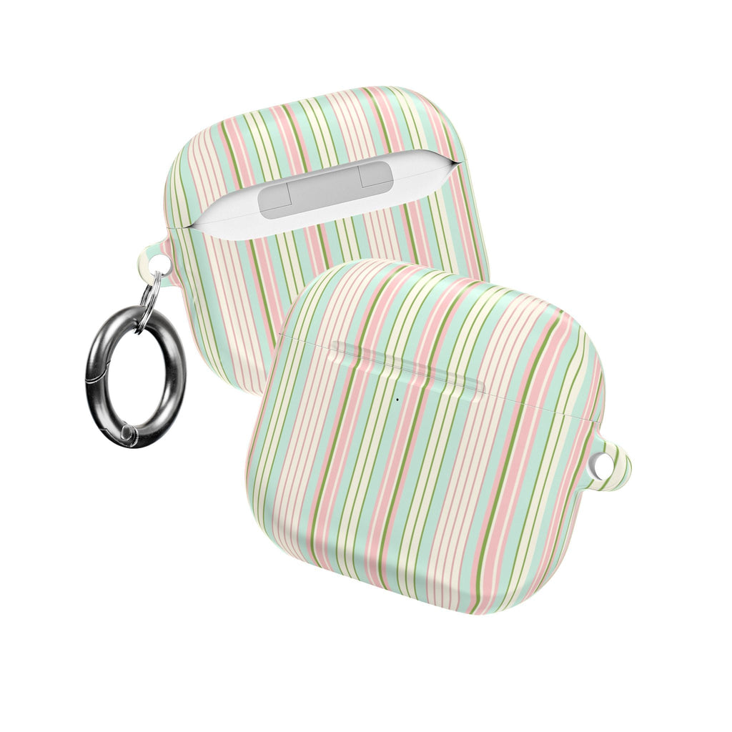 Striped AirPods case with wrist strap and lid, pastel green and pink vertical stripes