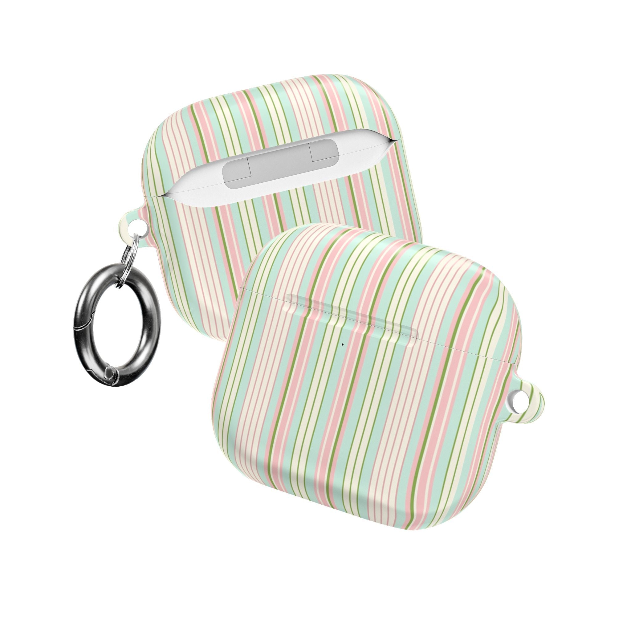 Striped AirPods case with wrist strap and lid, pastel green and pink vertical stripes
