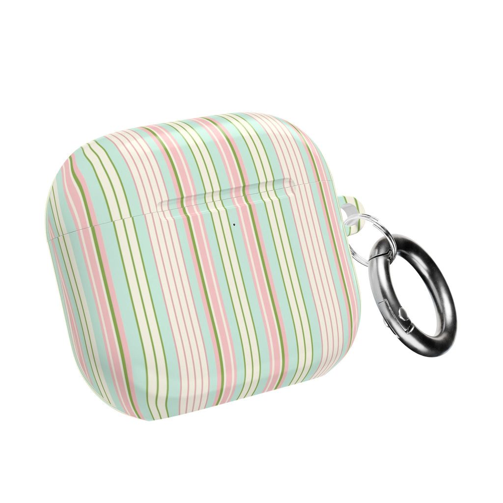 Striped AirPods case with metal keyring, pastel green and pink vertical lines