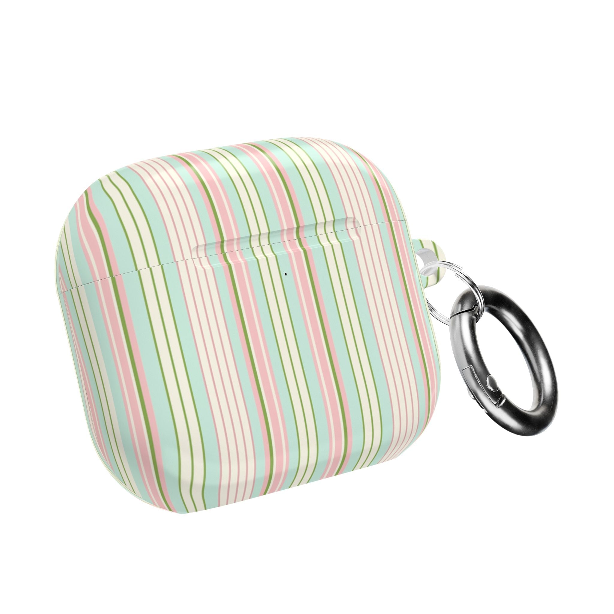 Striped AirPods case with metal keyring, pastel green and pink vertical lines