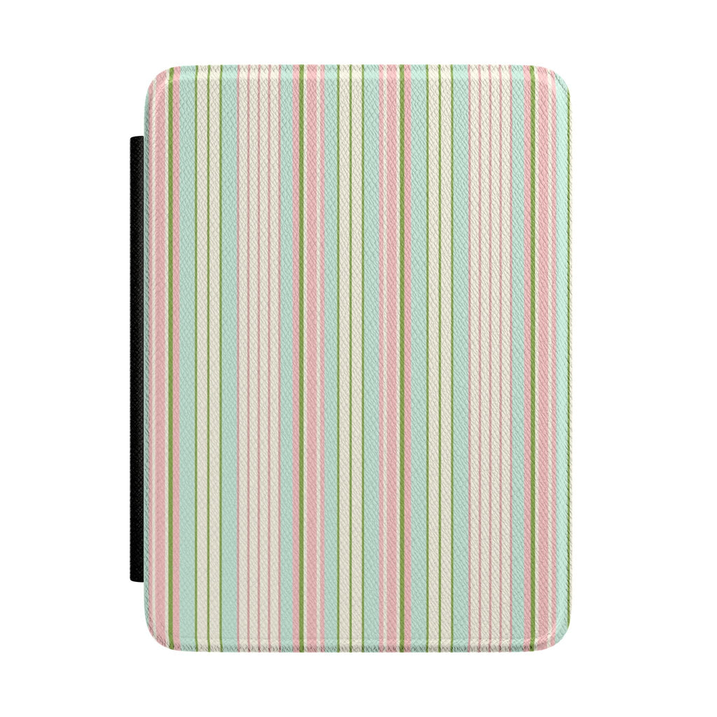 Hardcover Kindle case with vertical cabana stripes in green, pink, and cream