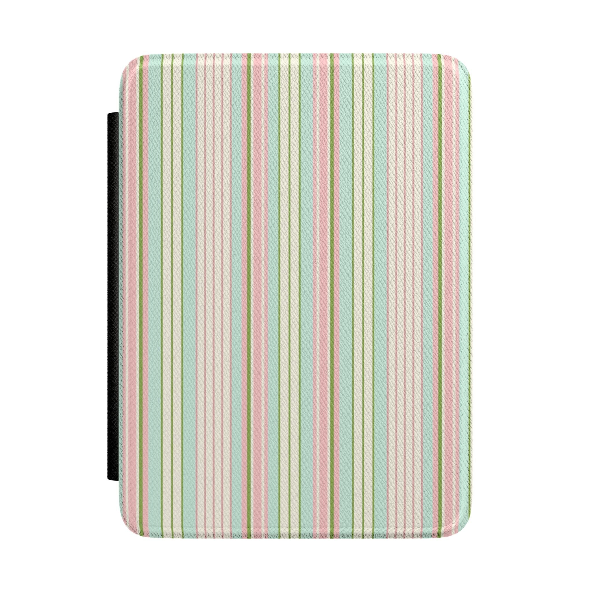 Hardcover Kindle case with vertical cabana stripes in green, pink, and cream