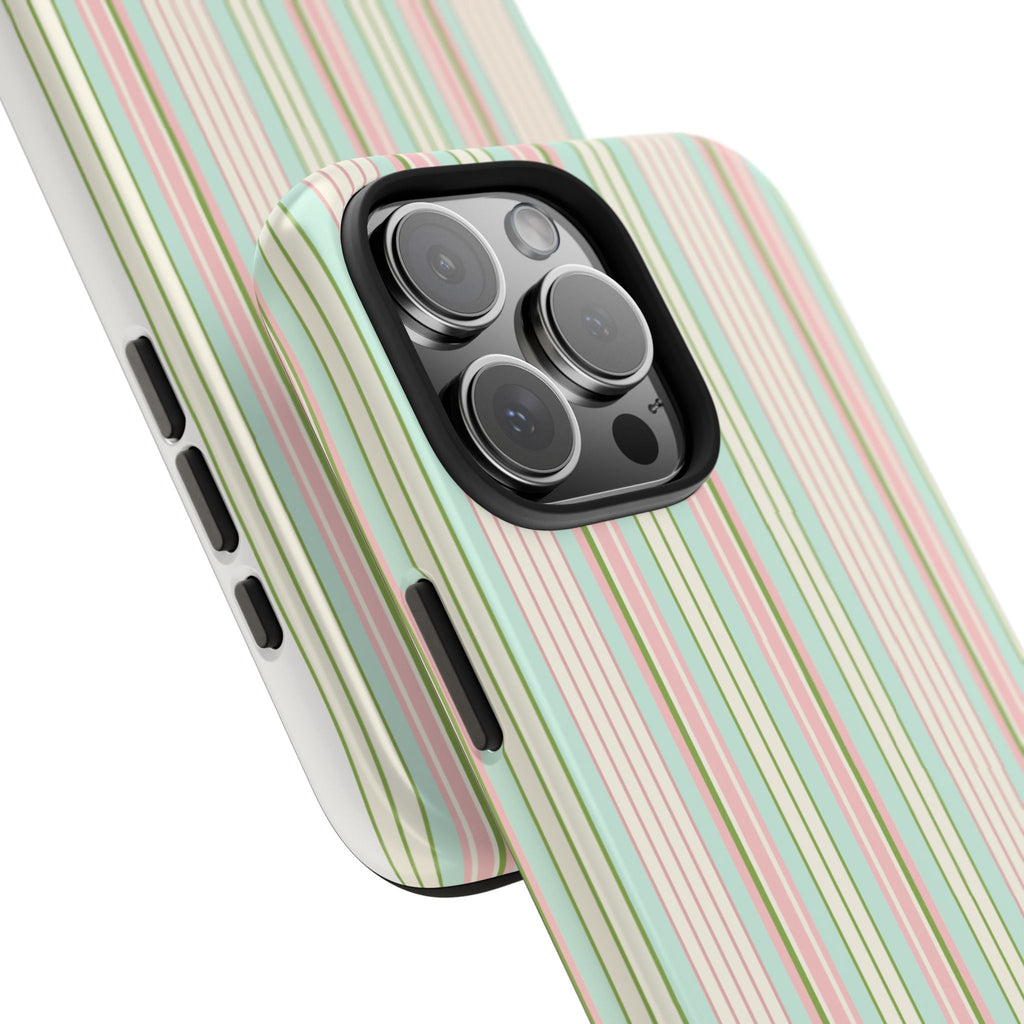 Pastel striped phone case corner view with camera lens cutout and raised bezel