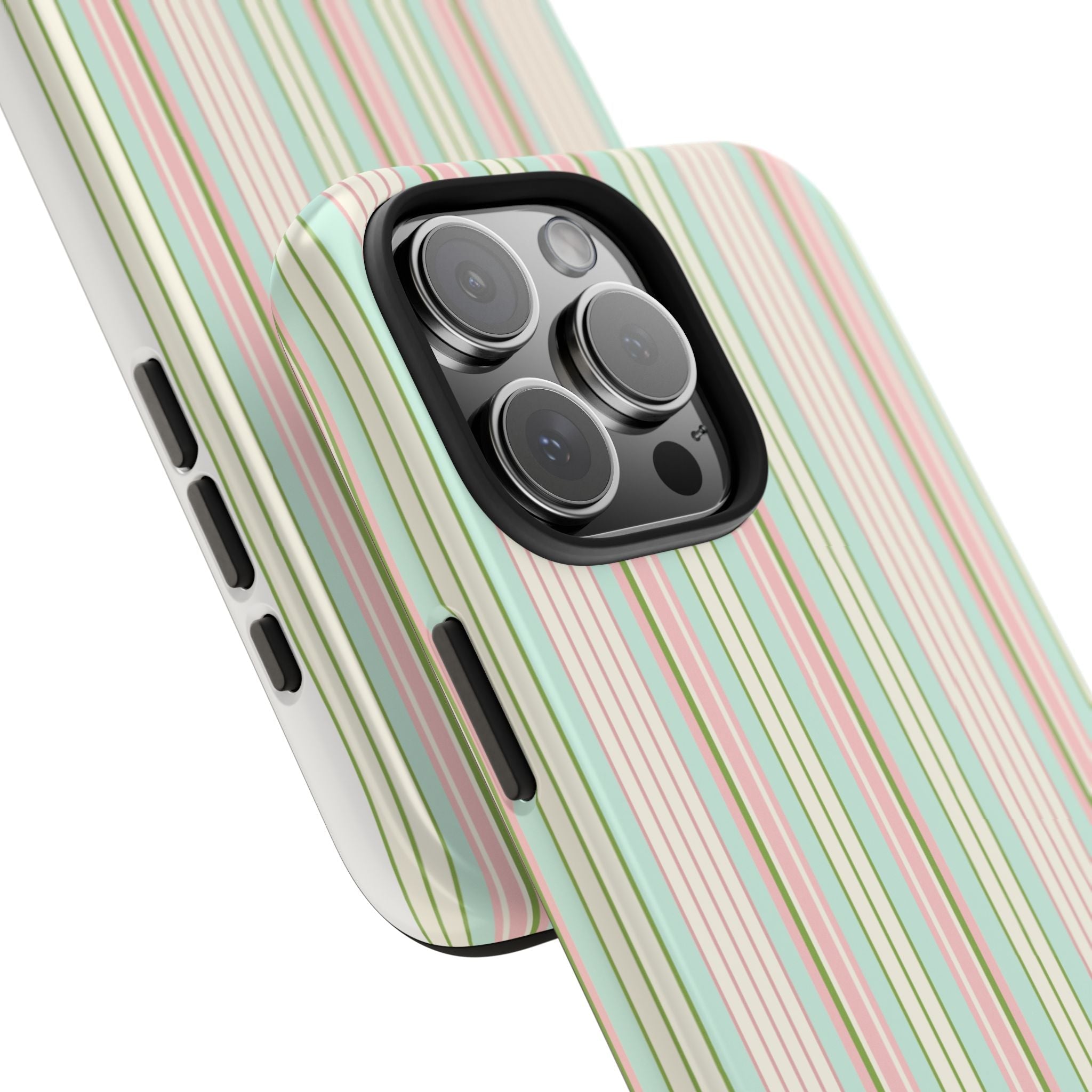 Pastel striped phone case corner view with camera lens cutout and raised bezel