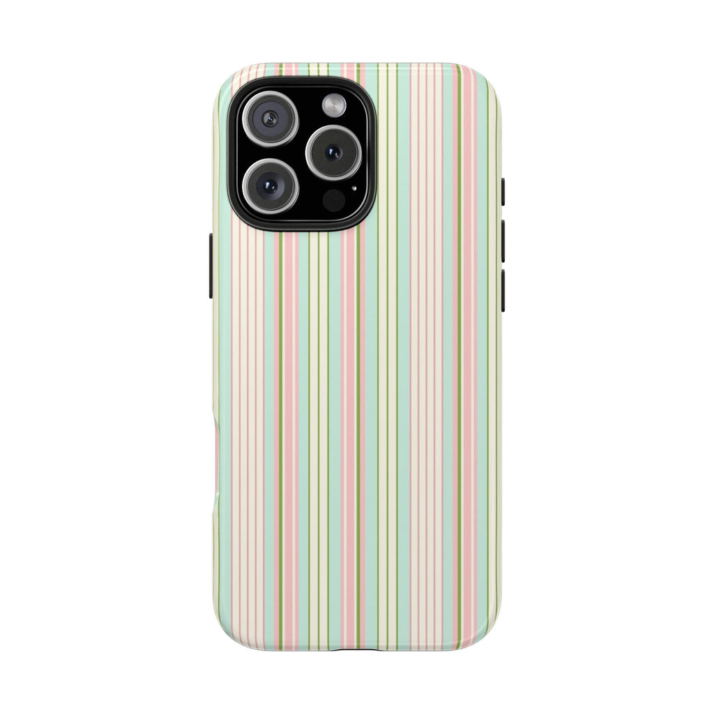 Pastel striped phone case with triple camera cutout and side button openings