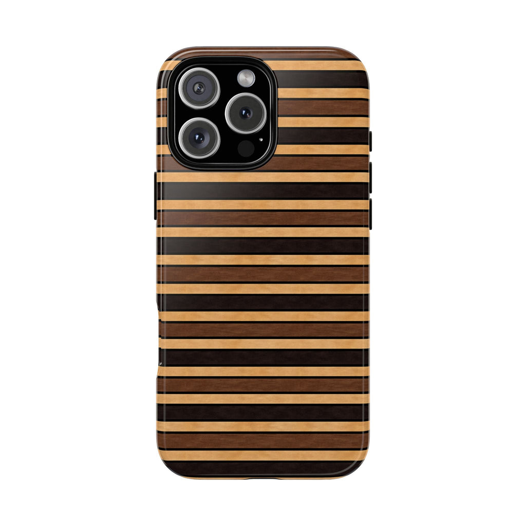 Coffee noir striped phone case, black and tan horizontal stripes with camera cutouts
