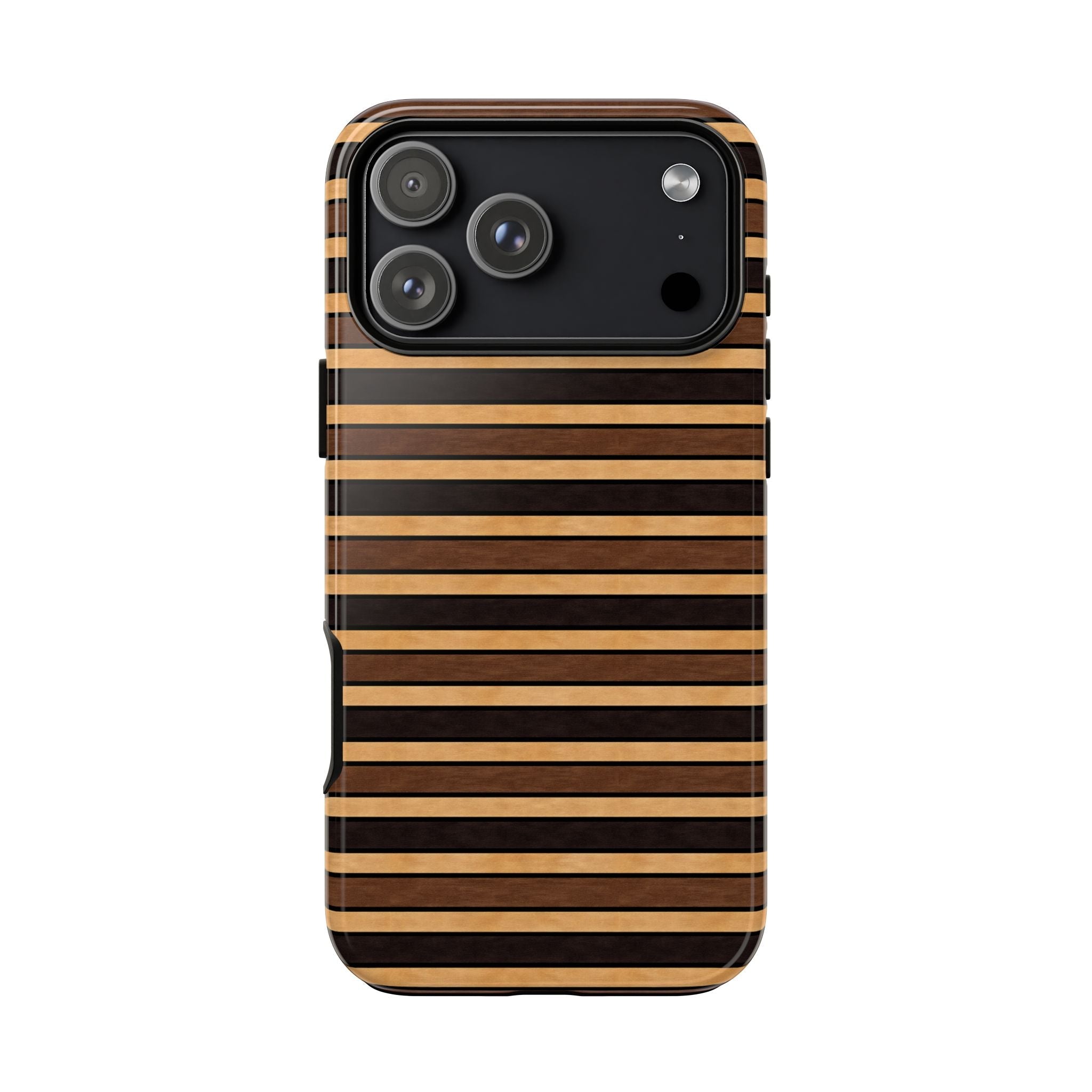 Back of coffee noir striped phone case, black base with tan and brown horizontal lines