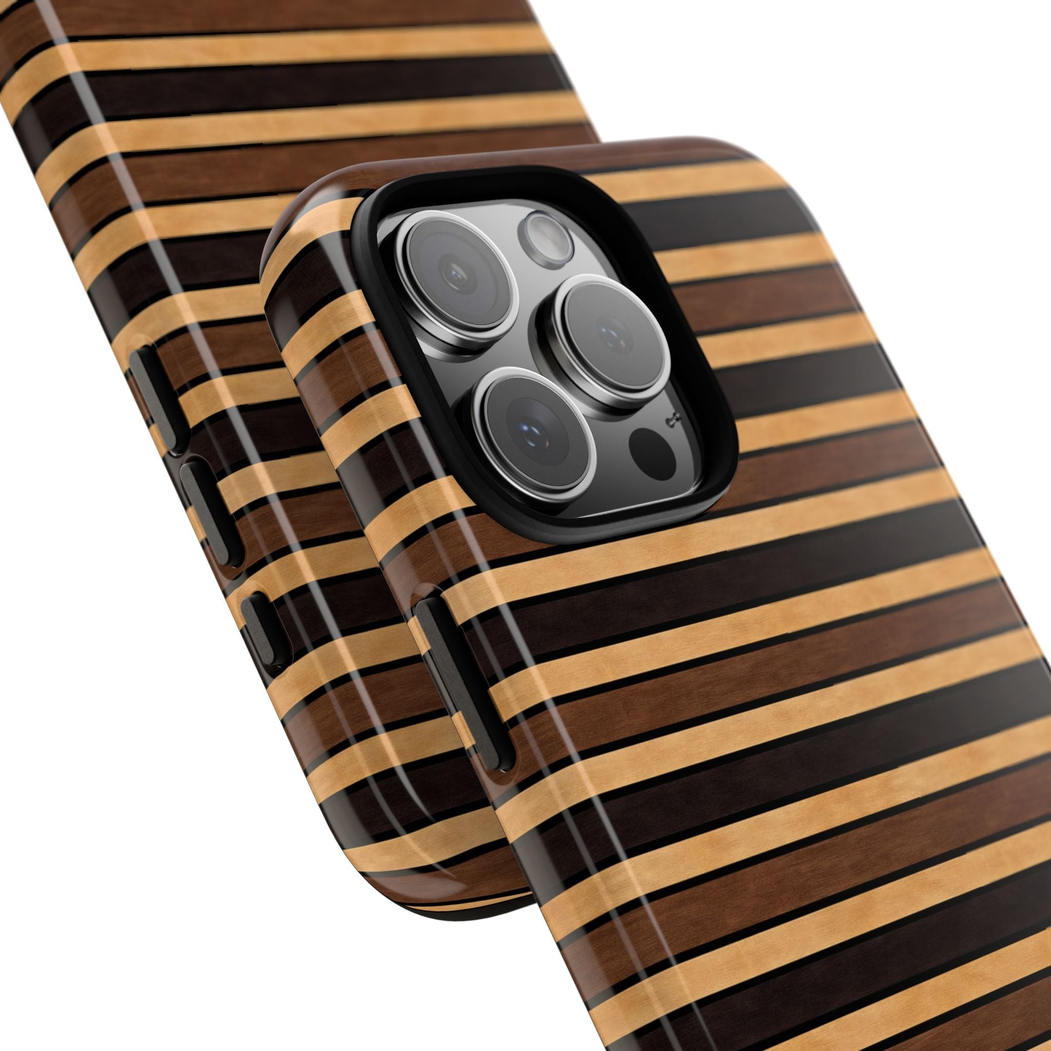 Coffee noir striped phone case pair, tan and black horizontal stripes, raised camera area