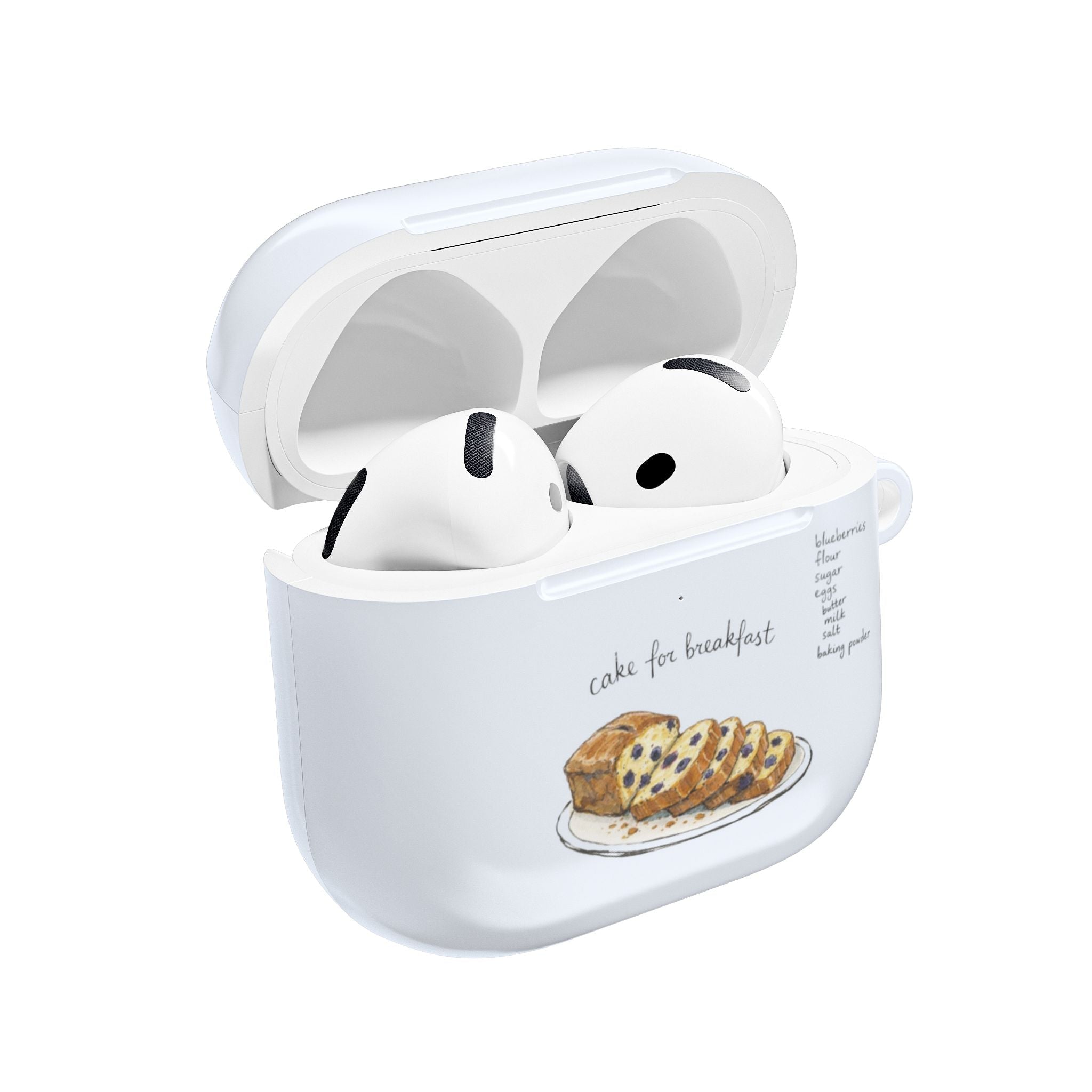 White AirPods case with lid open; black-and-white earbuds and cake illustration on front