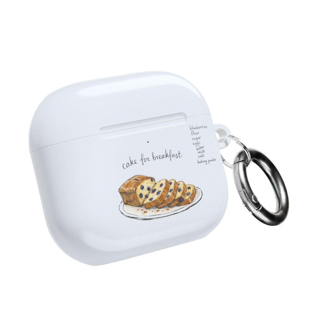 Closed white AirPods case with cake for breakfast print; hanging metal key ring on side
