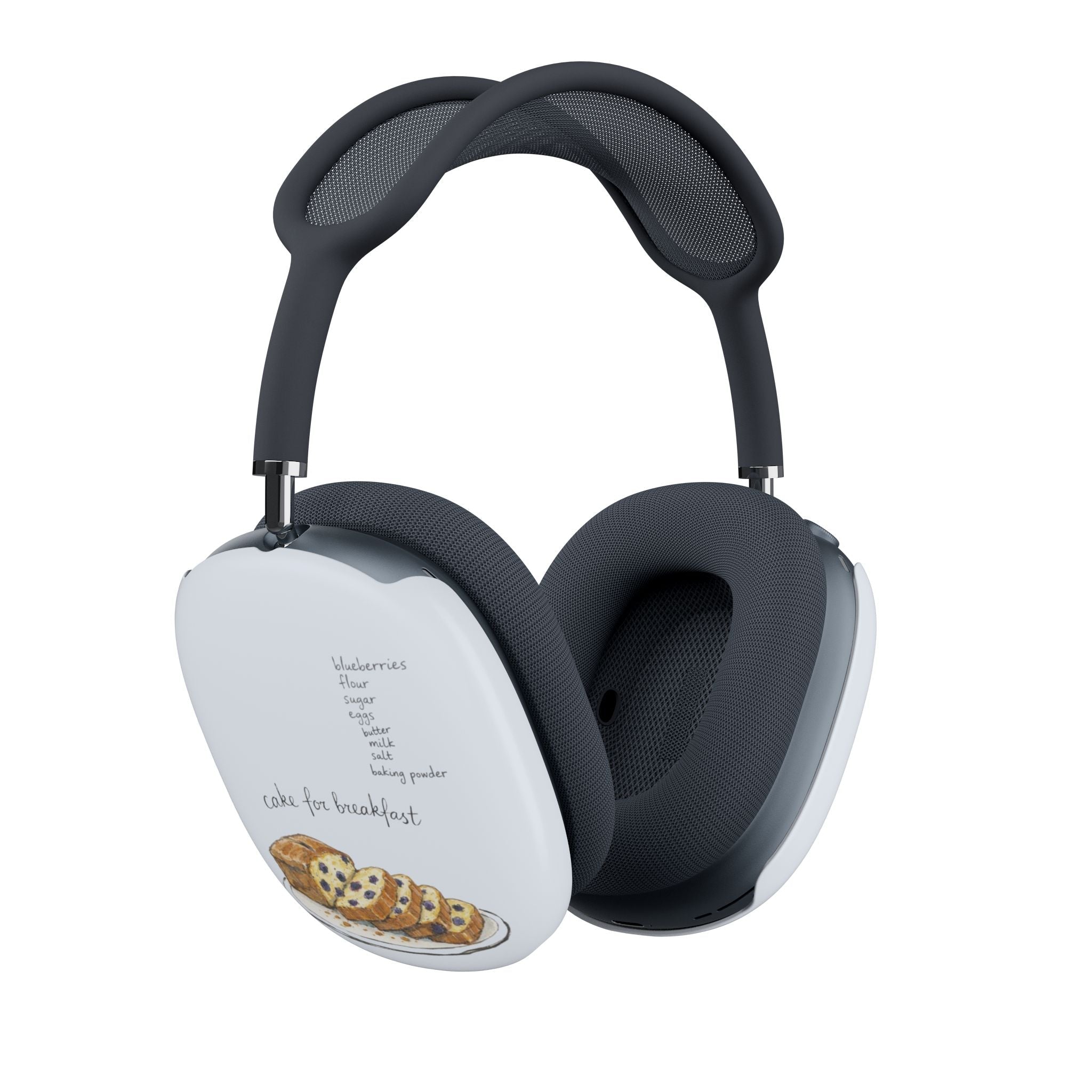 AirPods Max case covers with white cups and “cake for breakfast” text and cake illustration