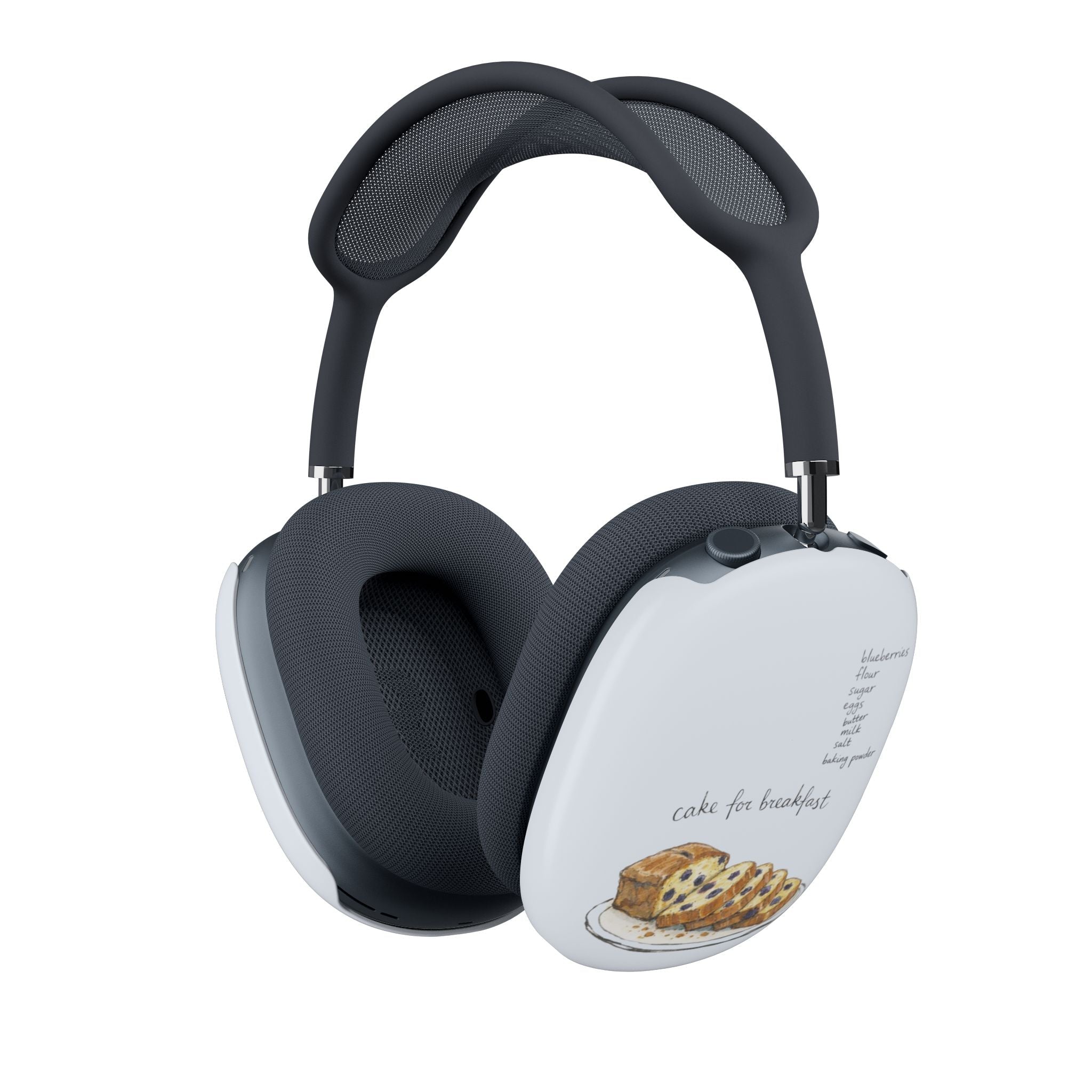 AirPods Max case cover with white “cake for breakfast” graphic on ear cup