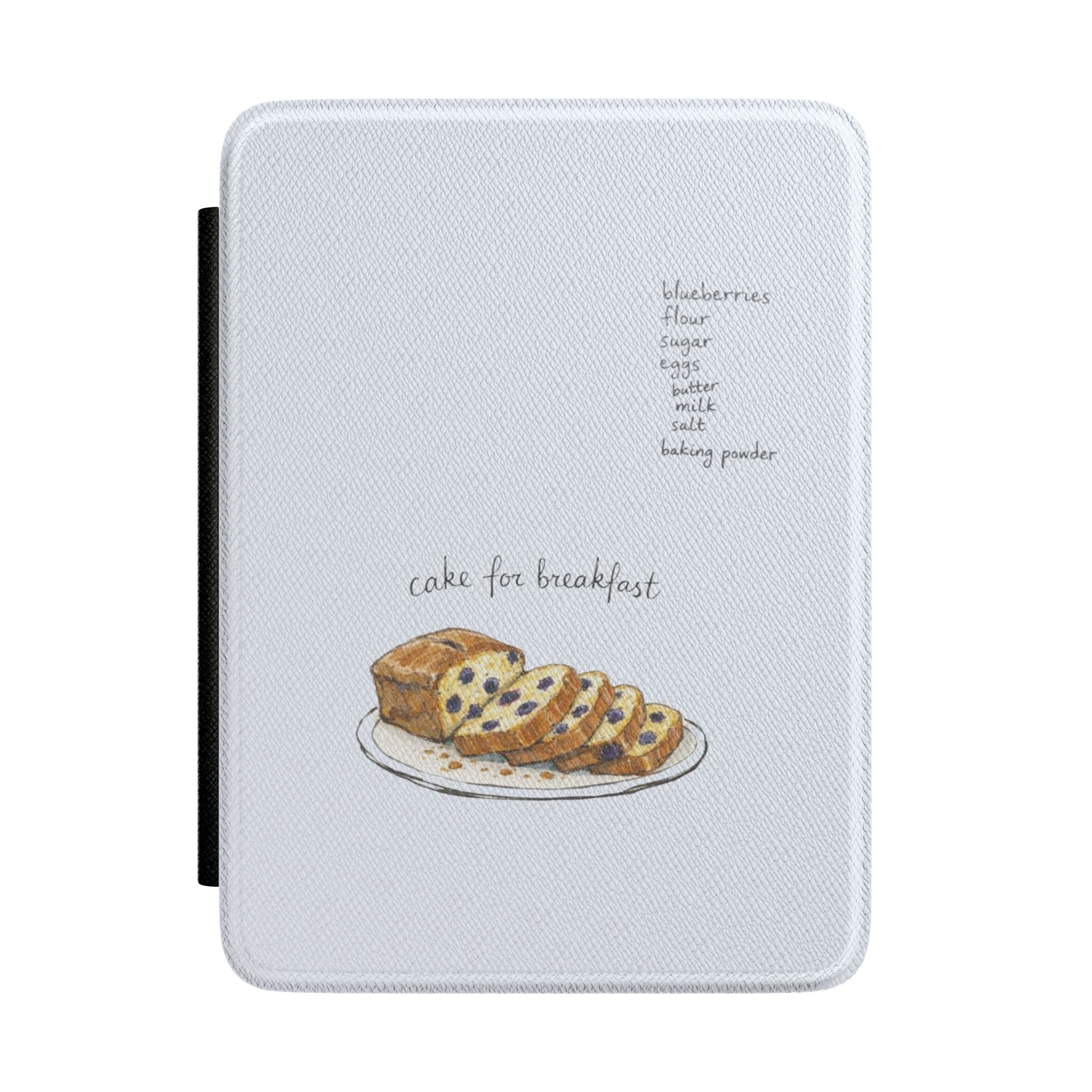 Light gray Kindle hardback case, cake slice illustration, 'cake for breakfast' text