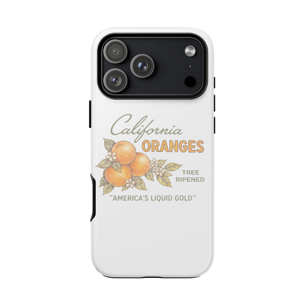White phone case featuring California oranges artwork with “TREE RIPENED” text, camera cutout