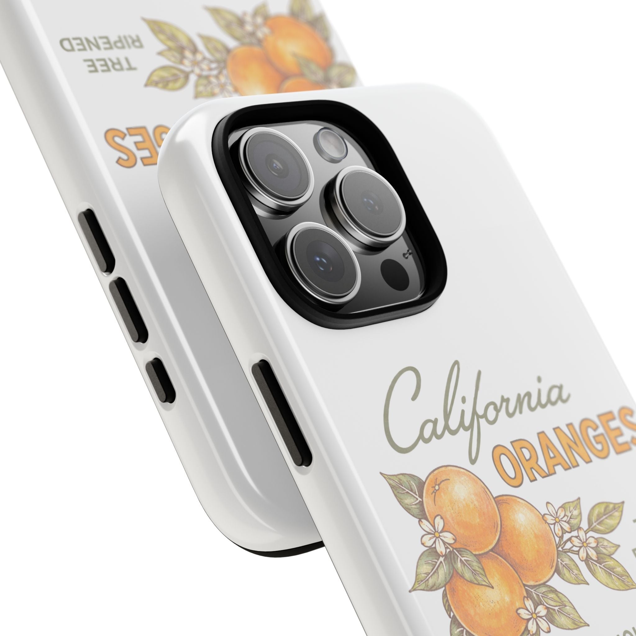 Angled view of white phone case showing triple camera cutout and California oranges graphic