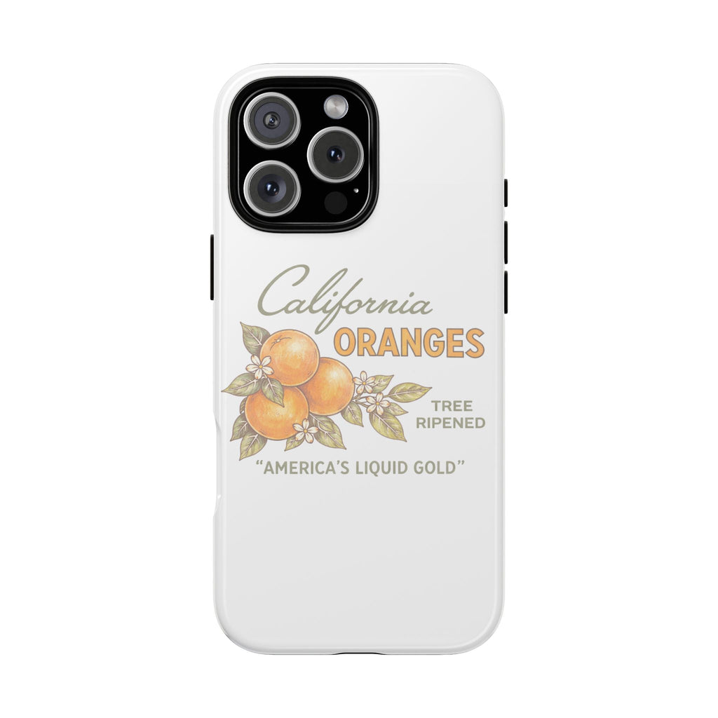 White phone case with California oranges and leaves graphic, rear camera cutout