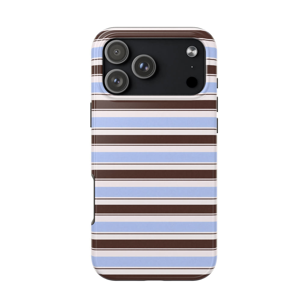 Cambridge stripes phone case with blue and brown horizontal stripes, camera cutout