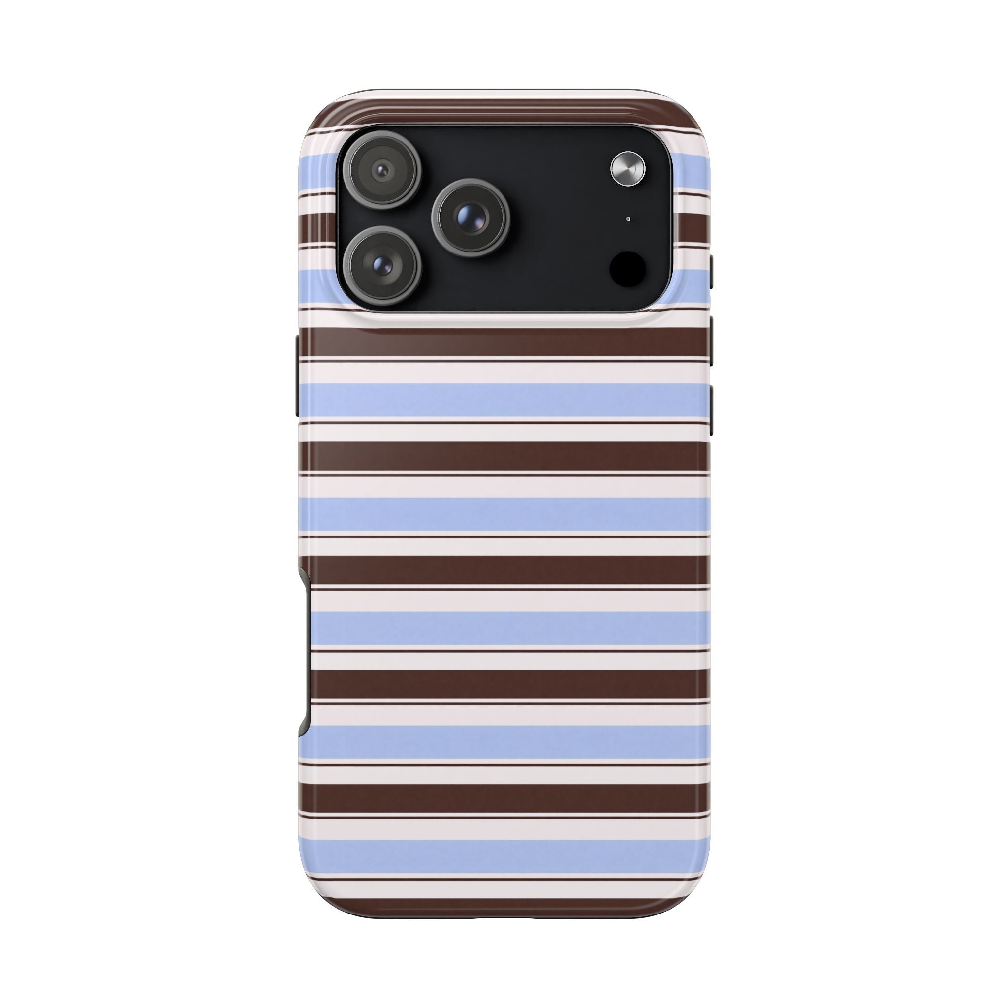 Cambridge stripes phone case with blue and brown horizontal stripes, camera cutout
