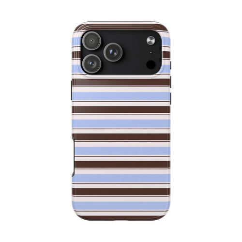 Cambridge stripes phone case with blue and brown horizontal stripes, camera cutout